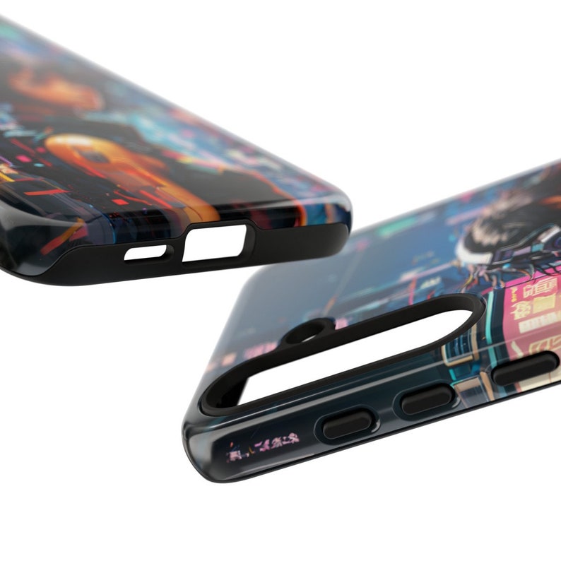May include: A black phone case with a colourful, abstract design. The case has a raised camera bump and a cutout for the phone's buttons.