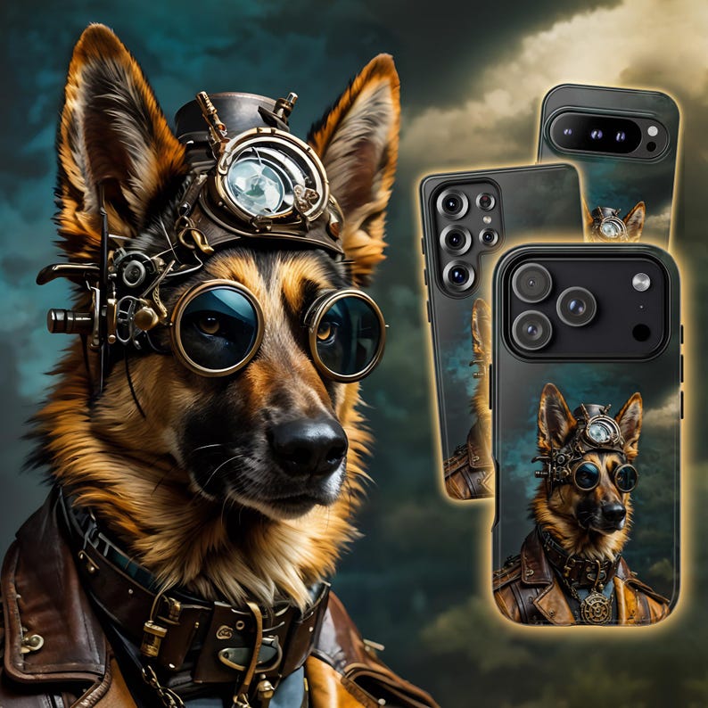 Steampunk Schäferhund Handyhülle - Sci-Fi Viktorianischer Hund Art Cover für iPhone 17 Air 16 Pro Max 15 14, Samsung S25 Ultra S24 S23, Pixel 9 Bild 1
