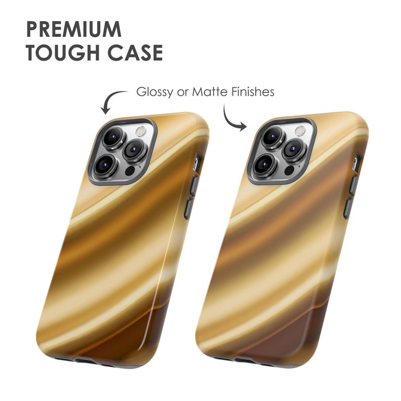 K&ouml;nnte beinhalten: Zwei Handyh&uuml;llen mit einem wirbelnden, abstrakten Design in Gold- und Braunt&ouml;nen. Die H&uuml;llen sind mit "Premium Tough Case" und "Glossy or Matte Finishes" beschriftet.