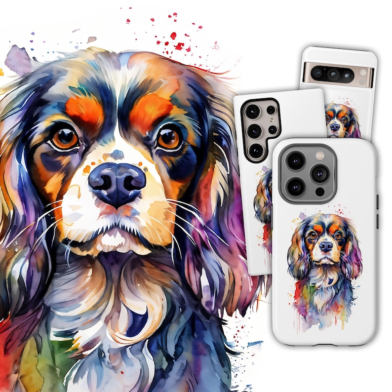 May include: A watercolour painting of a Cavalier King Charles Spaniel dog with colourful splashes of paint in the background. The dog is looking directly at the viewer with a sweet expression. The painting is printed on a white phone case.