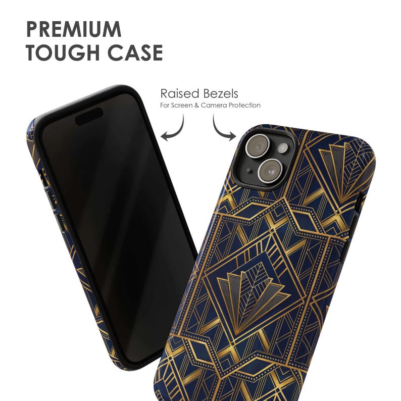 May include: A navy blue phone case with a gold art deco design. The case is labelled "Premium Tough Case" and features raised bezels for screen and camera protection. The design includes geometric shapes and lines.