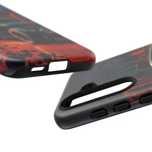 May include: Two black phone cases with different colorful designs. The cases have a raised lip around the camera lens and buttons.