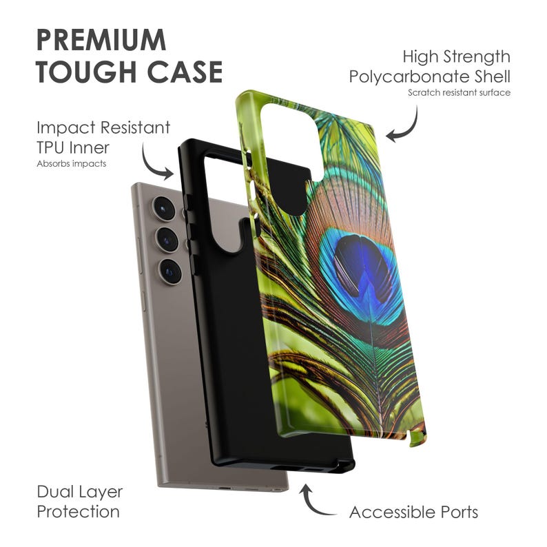 K&ouml;nnte beinhalten: Eine Handyh&uuml;lle mit einem Pfauenfeder-Design. Die H&uuml;lle besteht aus einer hochfesten Polycarbonatschale mit kratzfester Oberfl&auml;che und einer sto&szlig;festen TPU-Innenschicht. Die H&uuml;lle verf&uuml;gt &uuml;ber zug&auml;ngliche Anschl&uuml;sse und einen doppelten Schutz.