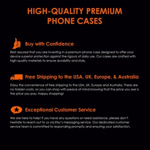 K&ouml;nnte beinhalten: Eine schwarze und orangefarbene Grafik mit dem Text "HIGH-QUALITY PREMIUM PHONE CASES". Die Grafik enth&auml;lt auch drei Symbole mit Text: "Kaufen Sie mit Vertrauen", "Kostenloser Versand in die USA, Gro&szlig;britannien, Europa und Australien" und "Hervorragender Kundenservice".