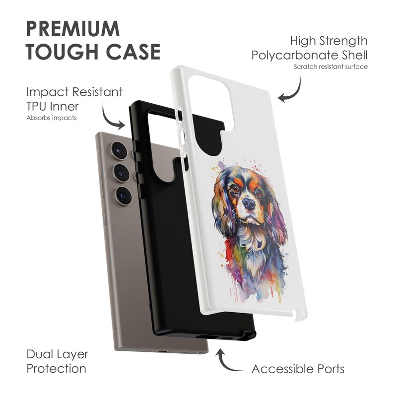 May include: A white phone case featuring a watercolour painting of a Cavalier King Charles Spaniel dog. The case is made from a high-strength polycarbonate shell and has a TPU inner layer for impact resistance. The case has accessible ports and a scratch-resistant surface.
