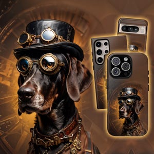 May include: A brown and black dog wearing a steampunk-style hat and goggles. The dog is looking to the right. The image is a phone case design with a gold and brown background.