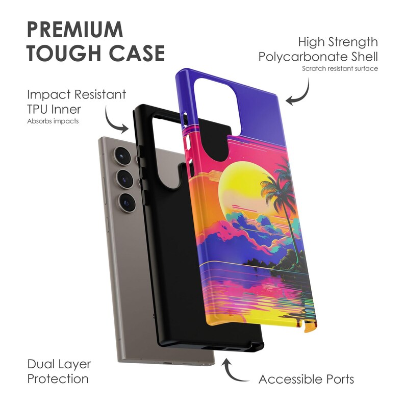 Retro Sunset Phone Case - 90s Beach Purple Pink Yellow Summer Cover for iPhone 17 Air 16 Pro Max 15 14 13 12, Samsung S25 Ultra S24, Pixel 9 image 2