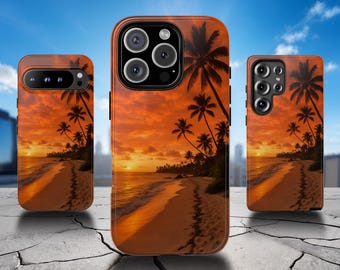 Tropical Sunset Phone Case: Palm Trees Silhouette, Beautiful Beach Cover for iPhone 17 Air 16 Pro Max 15 14,  Samsung S25 Ultra S24, Pixel 9