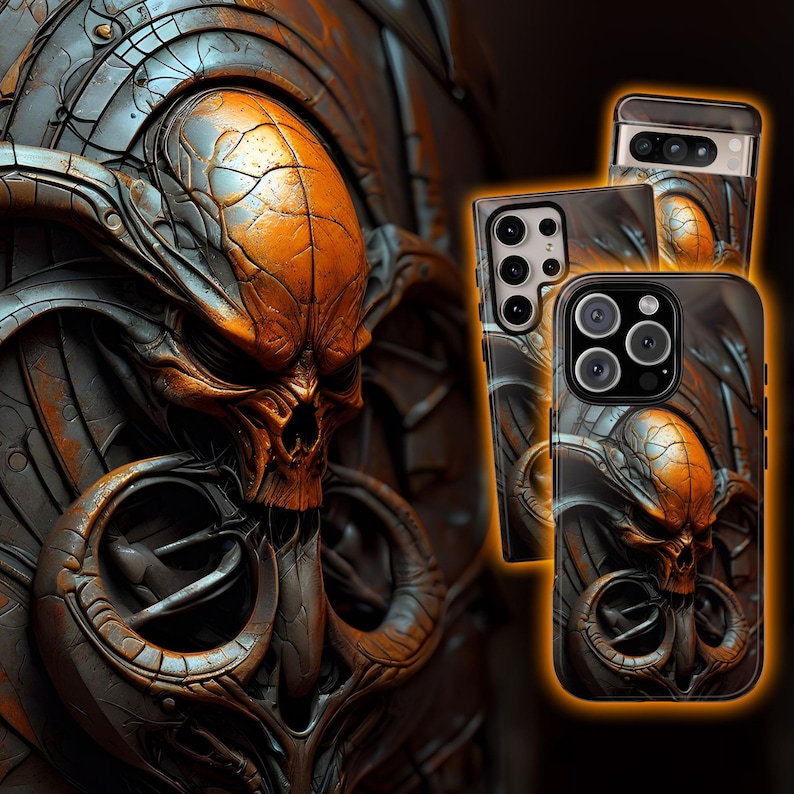 May include: Two phone cases with a black and orange skull design. The skull has a textured, metallic look. The cases are for a phone with a triple camera lens.