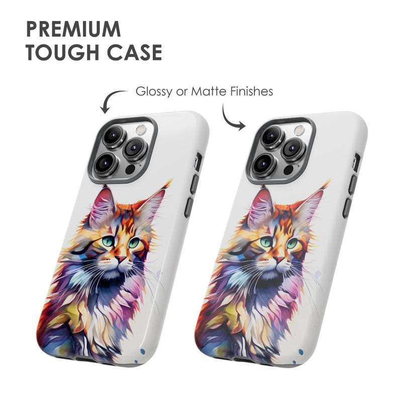 May include: A white phone case with a colorful illustration of a cat. The case has a glossy or matte finish and is compatible with iPhone models. The case is designed to protect your phone from scratches and drops.