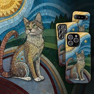 Three phone cases for iPhone, Samsung Galaxy, and Google Pixel displayed together, each featuring a beautiful mosaic cat design.
