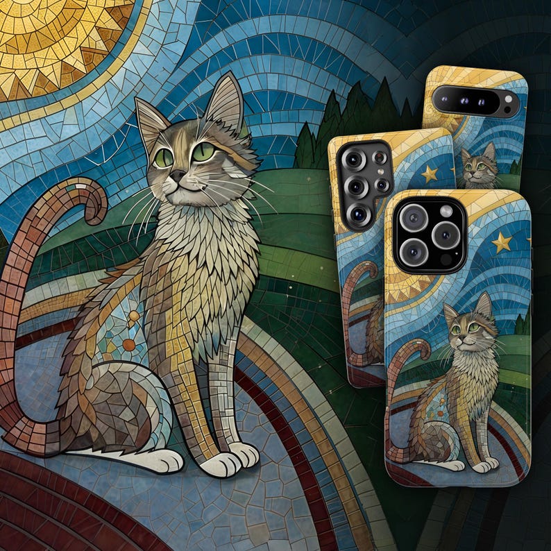 Three phone cases for iPhone, Samsung Galaxy, and Google Pixel displayed together, each featuring a beautiful mosaic cat design.