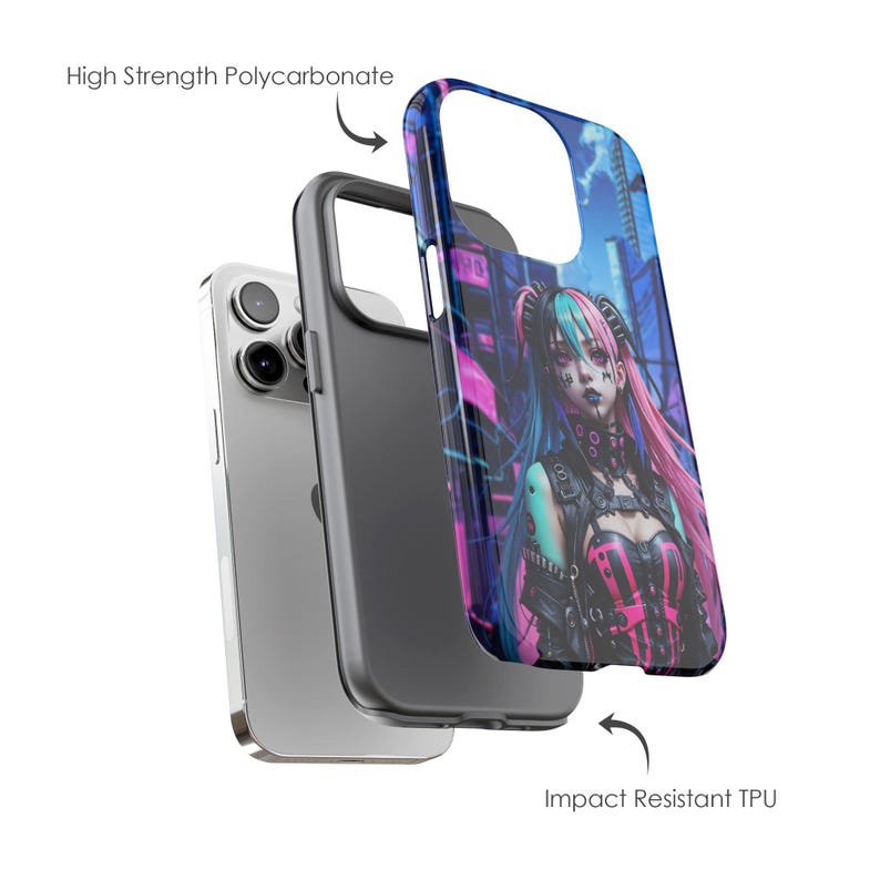 Może przedstawiać: Etui na telefon z kolorową ilustracją w stylu anime kobiety z r&oacute;żowymi i niebieskimi włosami. Etui składa się z dw&oacute;ch części: twardego, poliwęglanowego tyłu i elastycznego zderzaka TPU.