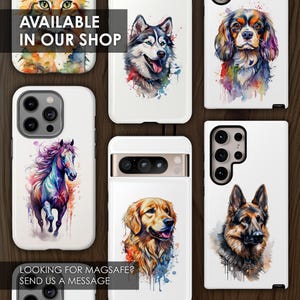 May include: Set of six phone cases featuring watercolour illustrations of animals. The cases are white with a black border and the text "AVAILABLE IN OUR SHOP" and "LOOKING FOR MAGSAFE? SEND US A MESSAGE".