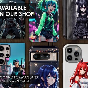 Może przedstawiać: Kolaż etui na telefon z r&oacute;żnymi wzorami. Etui w lewym g&oacute;rnym rogu przedstawia wilkołaka w lesie. Etui w prawym g&oacute;rnym rogu przedstawia dziewczynę anime z zielonymi włosami i niebieską sukienką. Etui w lewym dolnym rogu przedstawia niebieskie etui na telefon z postacią z kresk&oacute;wki. Etui w prawym dolnym rogu przedstawia białe etui na telefon z rudowłosą dziewczyną anime. Tekst "AVAILABLE IN OUR SHOP" znajduje się w g&oacute;rnej części obrazu.
