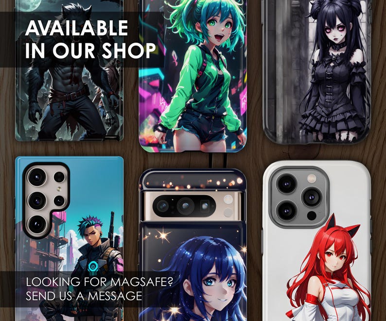 Może przedstawiać: Kolaż etui na telefon z r&oacute;żnymi wzorami. Etui w lewym g&oacute;rnym rogu przedstawia wilkołaka w lesie. Etui w prawym g&oacute;rnym rogu przedstawia dziewczynę anime z zielonymi włosami i niebieską sukienką. Etui w lewym dolnym rogu przedstawia niebieskie etui na telefon z postacią z kresk&oacute;wki. Etui w prawym dolnym rogu przedstawia białe etui na telefon z rudowłosą dziewczyną anime. Tekst "AVAILABLE IN OUR SHOP" znajduje się w g&oacute;rnej części obrazu.
