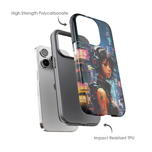 May include: A two-piece phone case with a black and grey impact resistant TPU bumper and a high strength polycarbonate back. The back features a colourful graphic of a woman with headphones in a futuristic city.