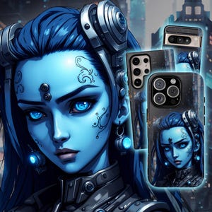Blaue Anime Girl Handyhülle, Anime iPhone 16 Pro Hülle, Cyberpunk Pixel 9 Pro Hülle, Anime S24 Ultra Case, futuristische iPhone 15 Pro Hülle