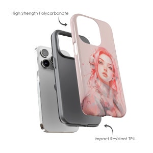 May include: A pink and white phone case with a graphic of a woman with pink hair. The case is made of two parts: a clear, impact-resistant TPU layer and a hard, high-strength polycarbonate layer.