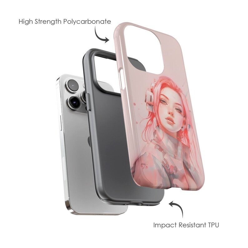 May include: A pink and white phone case with a graphic of a woman with pink hair. The case is made of two parts: a clear, impact-resistant TPU layer and a hard, high-strength polycarbonate layer.