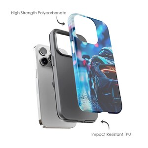 May include: A phone case with a blue and black design featuring a sports car. The case is made of two parts: a hard polycarbonate outer shell and a flexible TPU inner layer. The text "High Strength Polycarbonate" and "Impact Resistant TPU" are visible on the image.