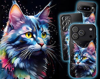 Watercolour Cat Phone Case - Bright Colourful Feline Design Cover for iPhone 17 Air 16 Pro Max 15 14 13, Samsung S25 Ultra S24 S23, Pixel 9