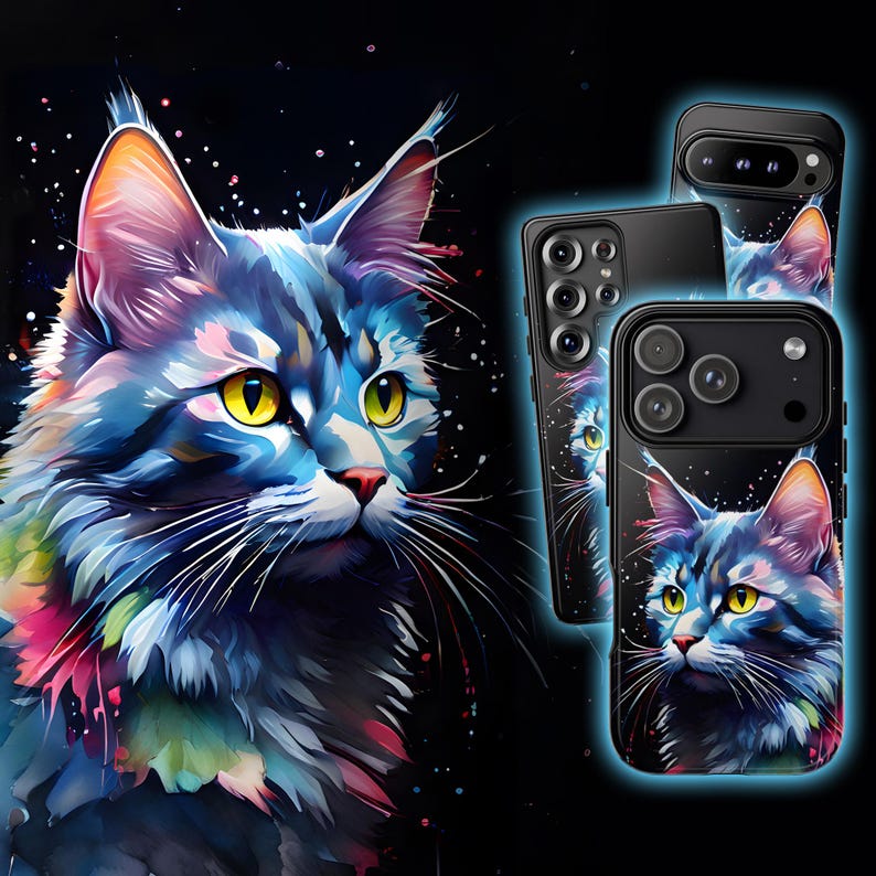 Watercolour Cat Phone Case - Bright Colourful Feline Design Cover for iPhone 17 Air 16 Pro Max 15 14 13, Samsung S25 Ultra S24 S23, Pixel 9 image 1