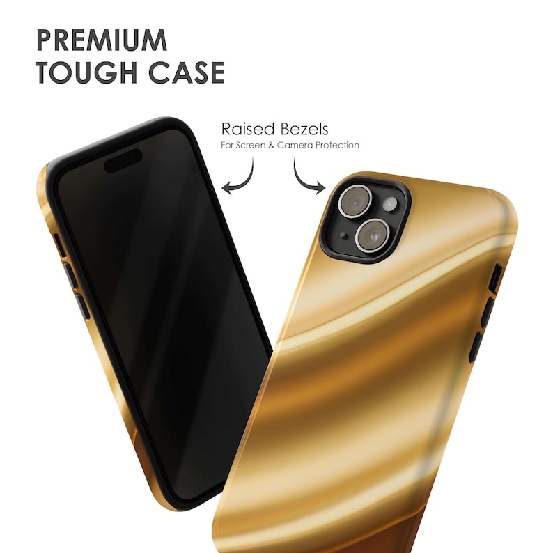 K&ouml;nnte beinhalten: Gold-schwarze Handyh&uuml;lle mit flie&szlig;endem, abstraktem Design. Die H&uuml;lle hat erh&ouml;hte Blenden zum Schutz von Bildschirm und Kamera. Der Text "PREMIUM TOUGH CASE" steht oben.