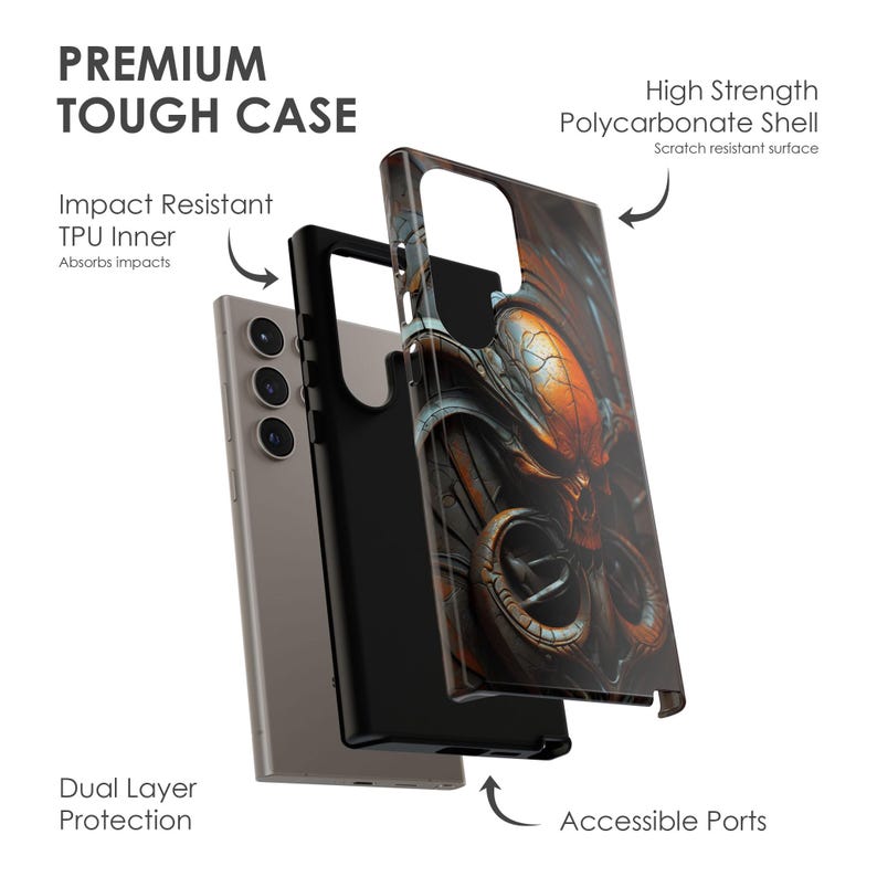May include: A black and gray phone case with a detailed graphic of a creature with tentacles. The case is made of two layers, a hard polycarbonate shell and a soft TPU inner layer. The case has accessible ports and a scratch-resistant surface.
