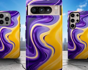 Paars vloeibaar telefoonhoesje - gele golvende hoes voor iPhone 17 Air 16 Pro Max 15 14 13 12 11, Samsung S25 Ultra S24 S23 S22 S21, Pixel 9 Pro 8 7