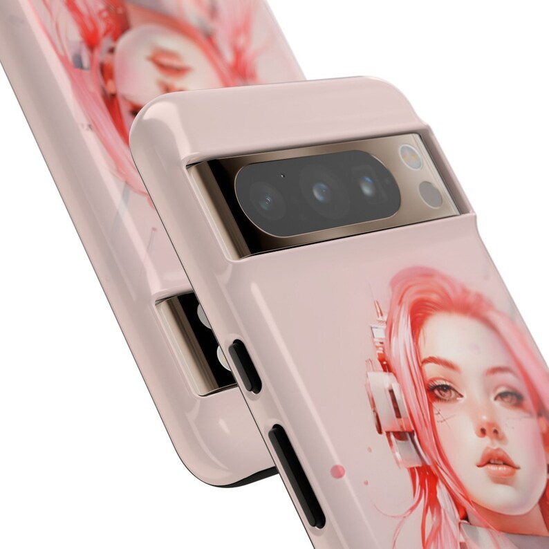 May include: A pink phone case with a graphic of a woman with pink hair and headphones. The case has a raised camera bump with three lenses.
