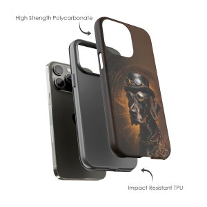 May include: A black and brown phone case featuring a steampunk dog design. The case is made from high-strength polycarbonate and impact-resistant TPU.