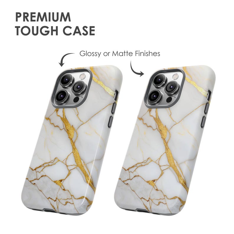 May include: Two white and gold marble iPhone cases with a glossy or matte finish. The cases have a white background with gold veins.