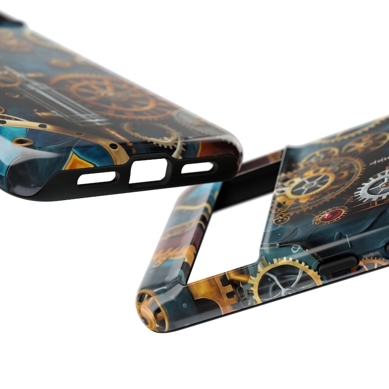 May include: Two phone cases with a steampunk design featuring intricate gears and a blue and gold colour scheme.