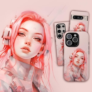May include: A pink phone case with a cartoon illustration of a woman with pink hair wearing headphones. The case has a cutout for the camera lens.