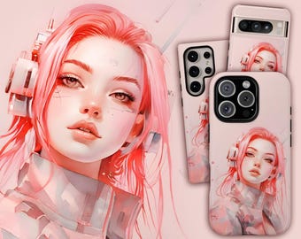 Pink Cyberpunk Girl Phone Case, Cyberpunk iPhone 16 Case, Cyberpunk Pixel 9 Case, Cyberpunk S25 Ultra Case, Cyberpunk iPhone 15 Pro Case