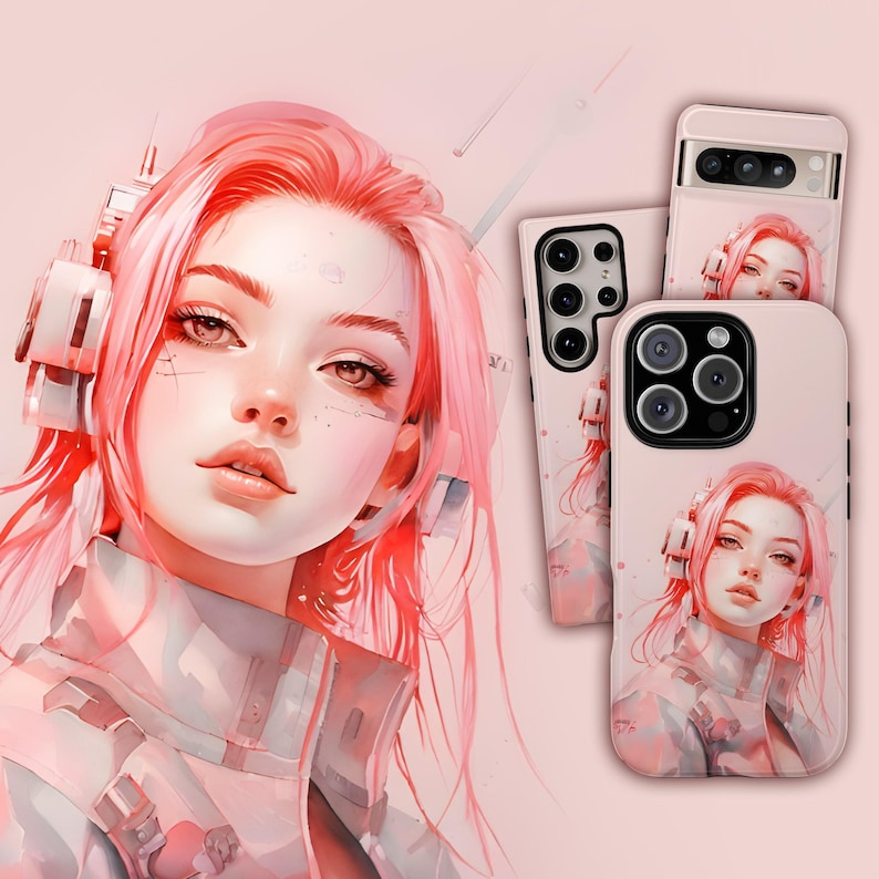 May include: A pink phone case with a cartoon illustration of a woman with pink hair wearing headphones. The case has a cutout for the camera lens.