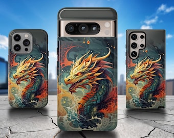 Telefoonhoesje kleurrijke Japanse draak: dubbellaagse bescherming voor iPhone, Samsung en Pixel