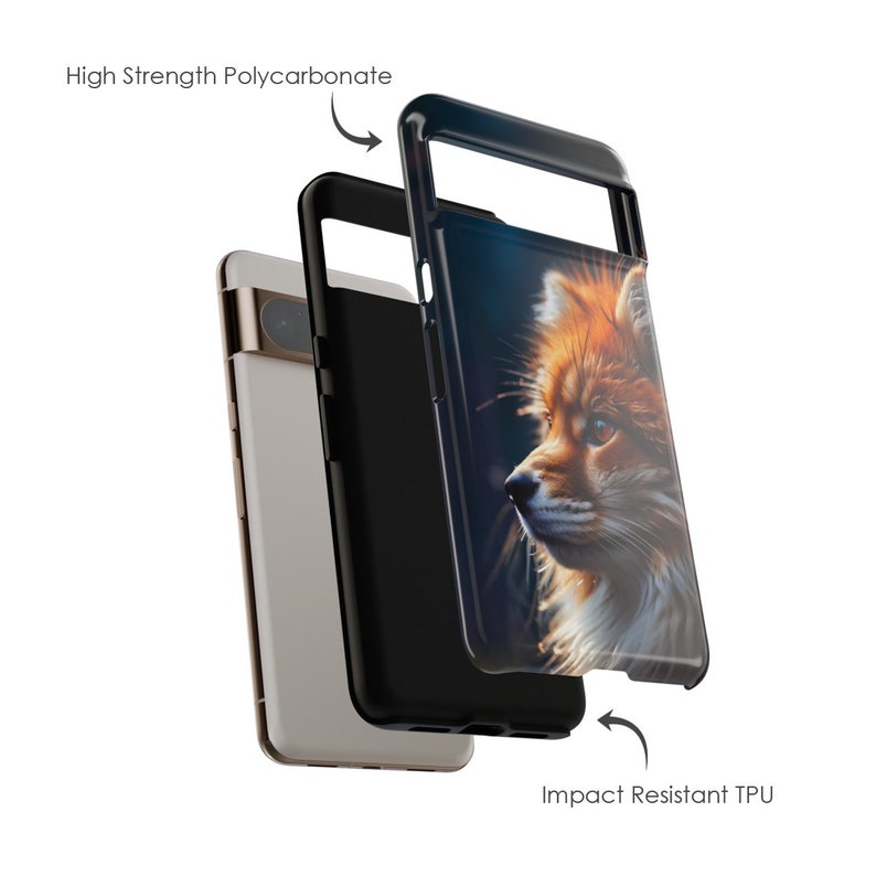 以下が含まれることがあります： 高強度ポリカーボネート製の黒い外層と衝撃に強いTPU製の内層を持つ2ピースの携帯電話ケース。内層には赤いキツネのグラフィックが描かれています。