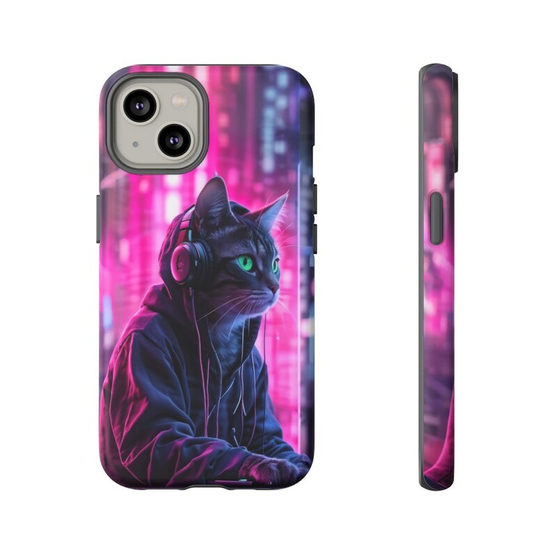May include: A black cat wearing headphones and a blue hoodie in front of a pink and blue neon cityscape. The cat is looking to the right. The image is on a phone case.