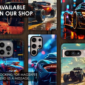 May include: A collage of six different phone cases featuring various designs. The cases are all black and have a variety of images on them, including a classic car, a sports car, and a cityscape. The text "AVAILABLE IN OUR SHOP" is displayed on one of the cases.