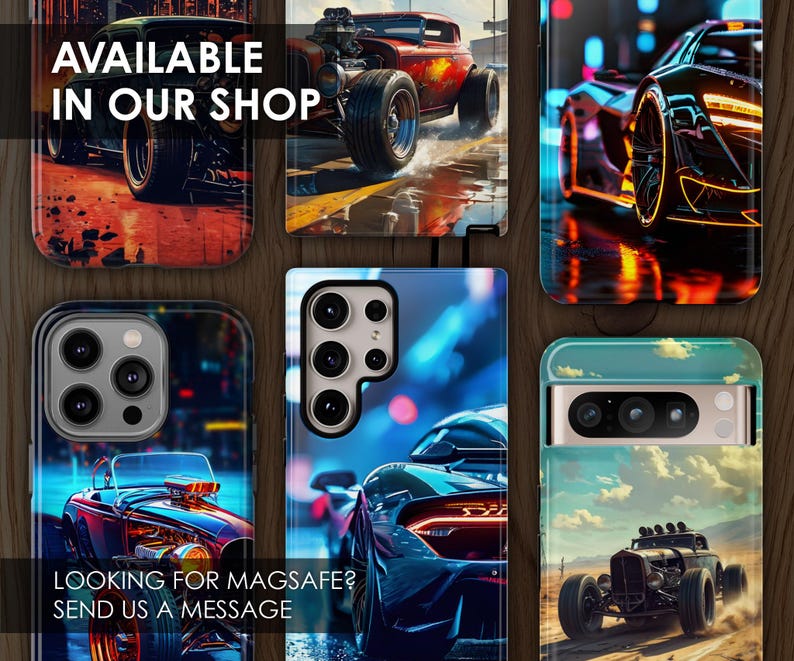 May include: A collage of six different phone cases featuring various designs. The cases are all black and have a variety of images on them, including a classic car, a sports car, and a cityscape. The text "AVAILABLE IN OUR SHOP" is displayed on one of the cases.
