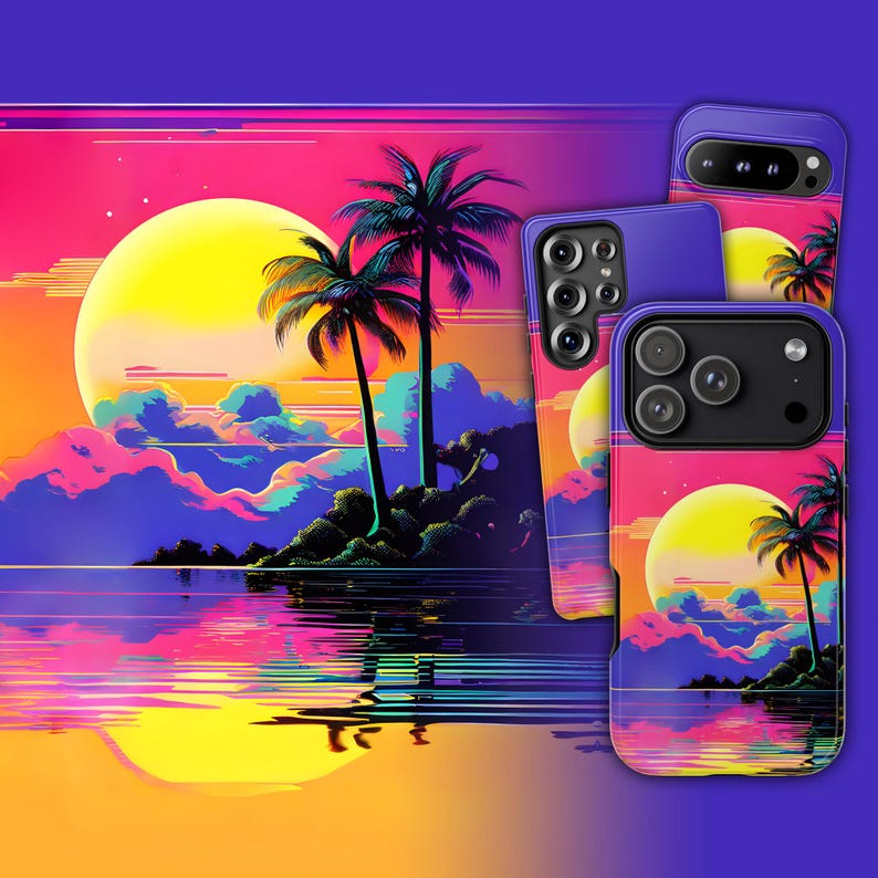 Retro Sunset Phone Case - 90s Beach Purple Pink Yellow Summer Cover for iPhone 17 Air 16 Pro Max 15 14 13 12, Samsung S25 Ultra S24, Pixel 9 image 1