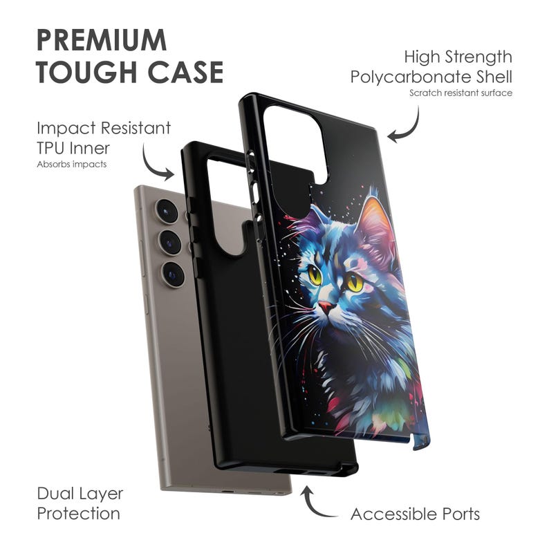 May include: A black phone case featuring a colourful cat illustration. The case is made from a tough polycarbonate shell with a scratch-resistant surface and a TPU inner layer for impact resistance. The case has accessible ports and a dual layer design for protection.
