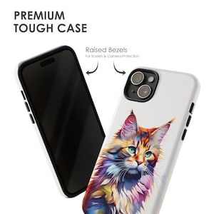 May include: A white phone case with a colorful illustration of a cat. The case has raised bezels for screen and camera protection. "Raised Bezels For Screen & Camera Protection" is printed on the case.