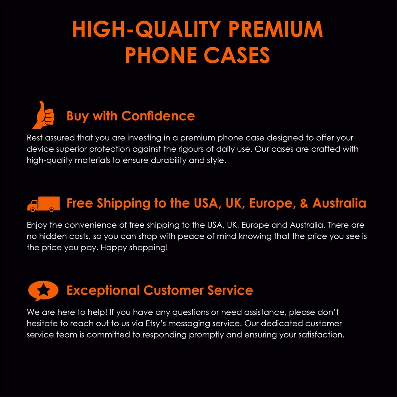 Puede incluir: Un gr&aacute;fico negro y naranja con texto que dice "HIGH-QUALITY PREMIUM PHONE CASES". El gr&aacute;fico tambi&eacute;n incluye tres iconos con texto: "Buy with Confidence", "Env&iacute;o gratuito a EE. UU., Reino Unido, Europa y Australia" y "Atenci&oacute;n al cliente excepcional".