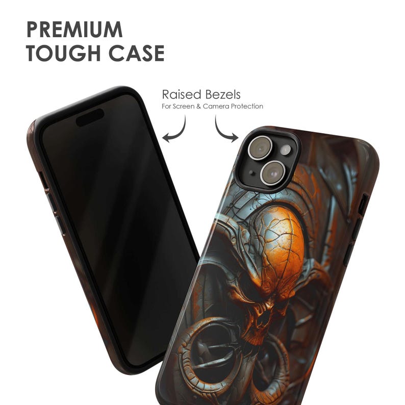 May include: A black phone case with a raised bezel for screen and camera protection. The case features a graphic of a skull with a dark, intricate design. The text "Raised Bezels" is visible on the case.