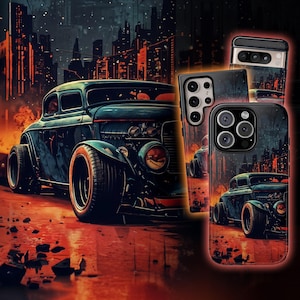 May include: A black phone case with a vintage hot rod car design. The case features a cityscape background and a red, orange, and yellow color scheme.