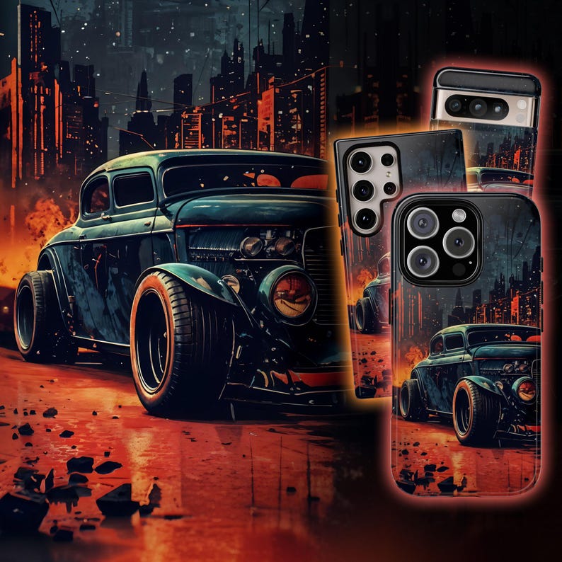May include: A black phone case with a vintage hot rod car design. The case features a cityscape background and a red, orange, and yellow color scheme.