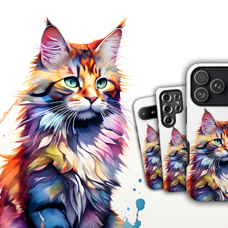 Watercolor Cat Phone Case - Cute Watercolour Pet Animal Cover for iPhone 17 Air 16 Pro Max 15 14 13, Samsung S25 Ultra S24 S23, Pixel 9 Pro image 1